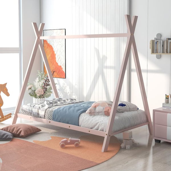 ANBAZAR Pink Metal Twin Size House Bed Tent Bed Frame with Roof, Floor Kids Play House Bed Platform Bed Frame with Solid Slats