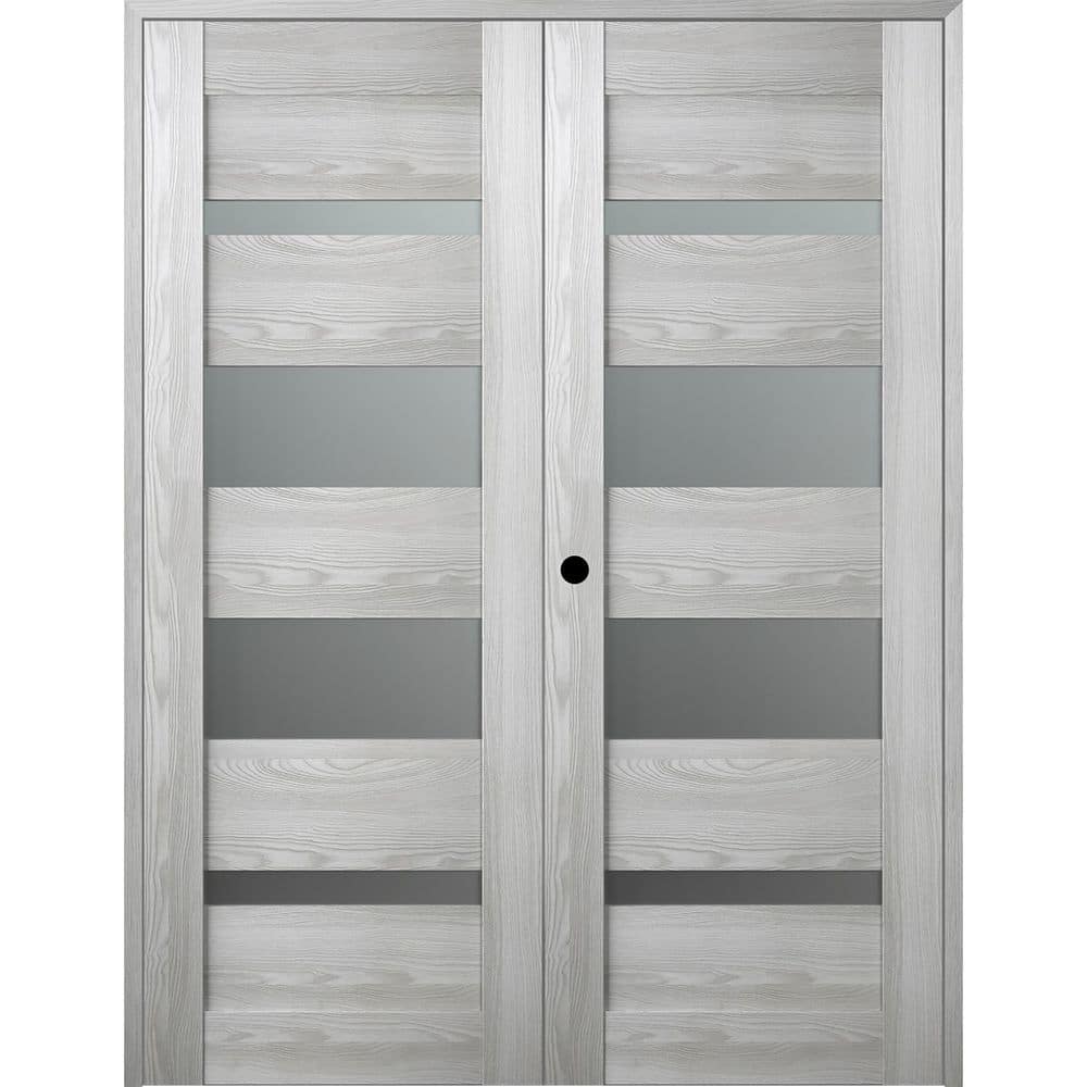 Gray Pine Composite Double Prehung Door with Frosted Glass Panels