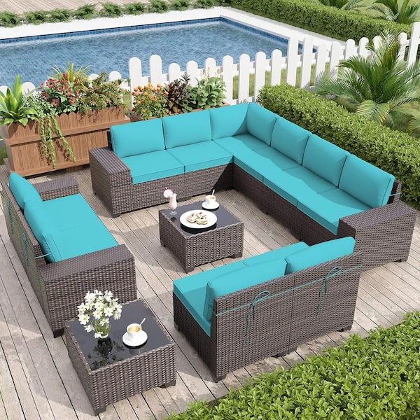 Halmuz 12-Piece Wicker Outdoor Sectional Set with Cushion Blue (6+6 ...