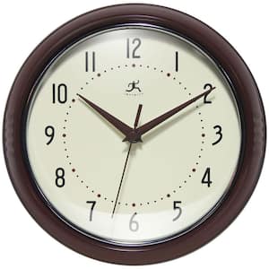 Retro Round Mahogany-Colored Aluminum Wall Clock, 9.5 in.