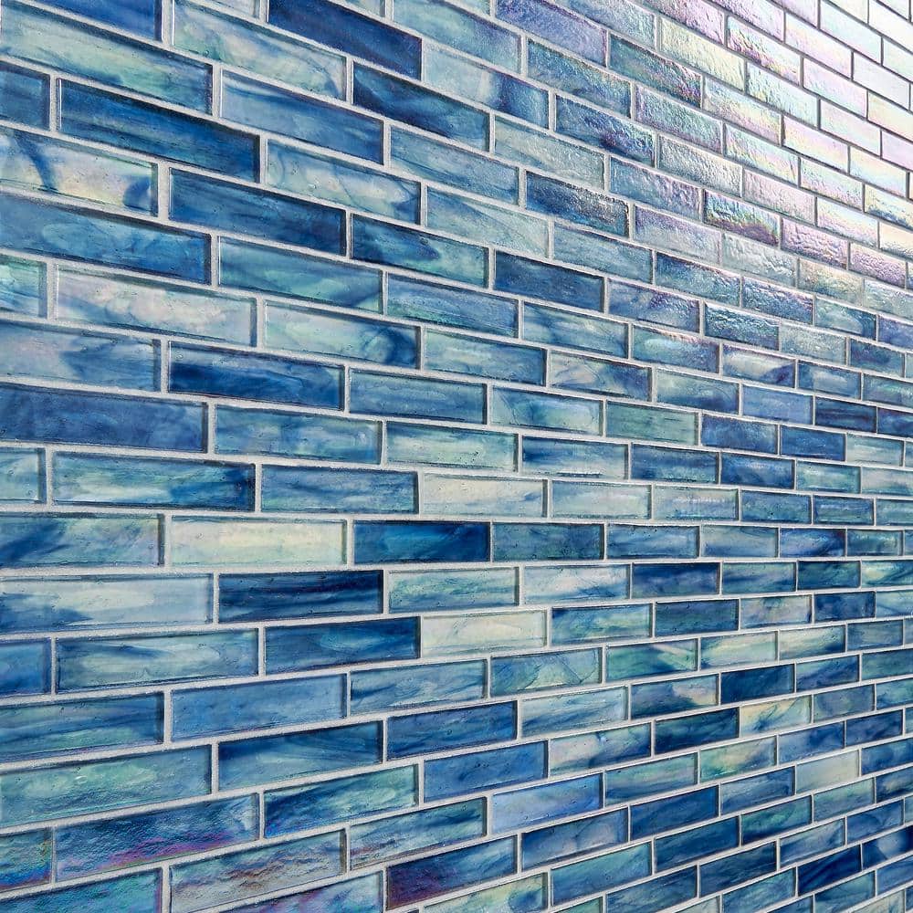 Beach Blue Polished Glass Brick Joint Mosaic Wall Tile