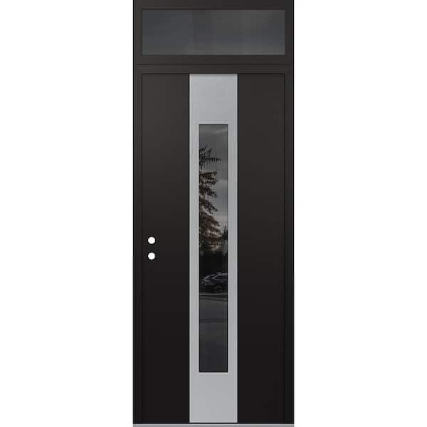 A1 36 in. x 96 in. Silver P Right-Hand/Inswing Mirrored Glass Black/Black Transom Steel Prehung Front Door