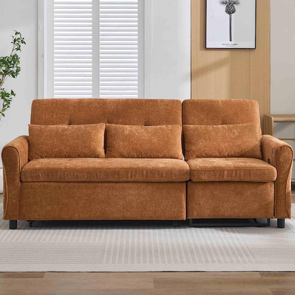 82 in. Flared Arm Chenille Rectangle with a Sofa Bed and a Reversible Recliner Sofa in Orange