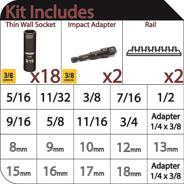 3/8 in. Drive Thin Wall Deep 6-Point Impact Socket Set SAE/Metric (20-Piece)