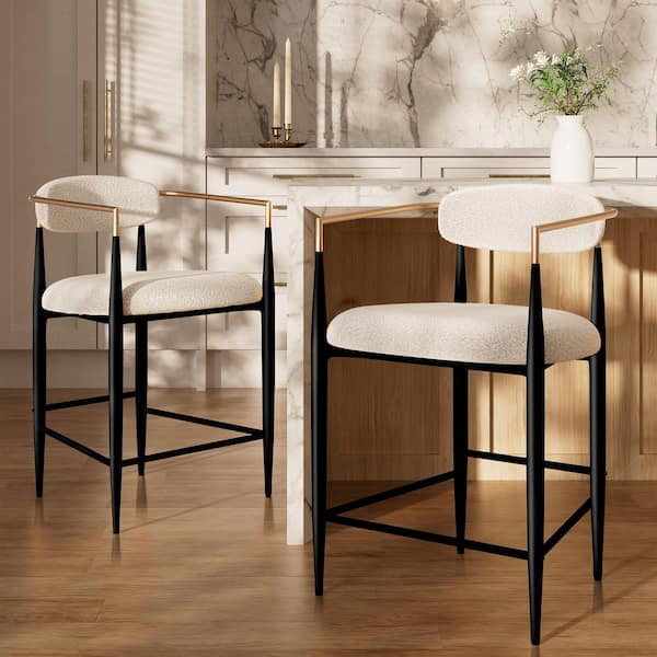 37.3 in. H Counter Height White Boucle Bar Stool Metal Frame Dining Room Kitchen Island Chair Upholstered Set of 2