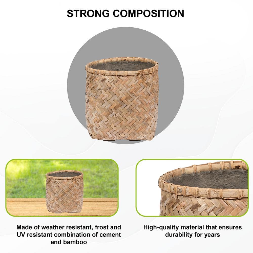 Natural Bamboo and Cement Round Indoor Outdoor Planter, 14.6"