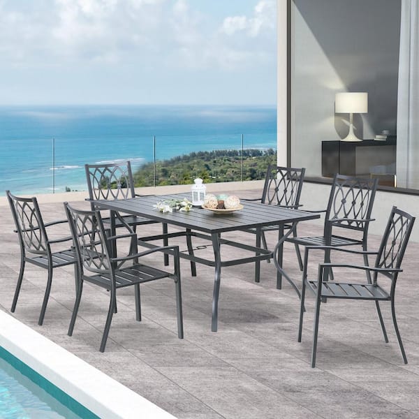 ULAX FURNITURE 7-Piece Metal Outdoor Dining Set with Stackable Chairs and Steel Slat Table