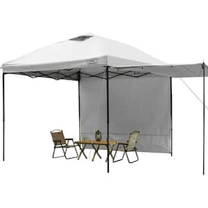 White 10  ft.  x 10  ft.  Outdoor Pop Up Canopy Tent with 2 Sidewalls, with Poles, 4 Sandbags, Stakes, and 1 Roller Bags