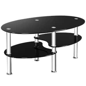 35 in. D* 20 in. W * 18 in. H Oval Tempered glass Coffee Table with Shelves, Black