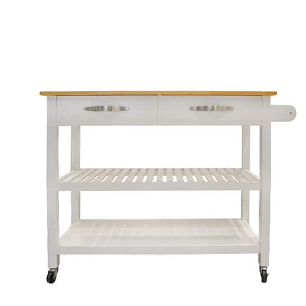 Boosicavelly 45.00 in. White Wood Kitchen Cart with 2 Lockable Wheels, Rubber Wood Top and 2-Drawers
