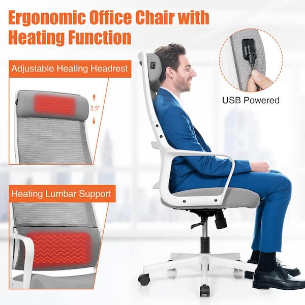 Costway Adjustable Mesh Office Task Chair Heating Lumbar Support Headrest Grey