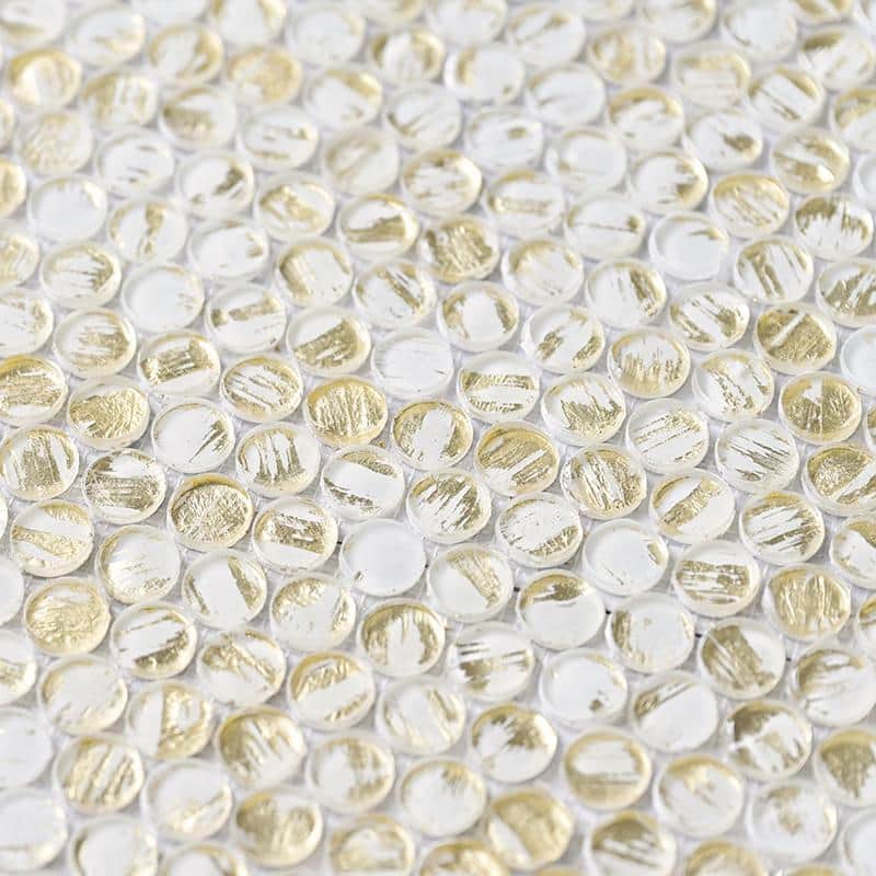 Majeste 12.2" White and Gold Glass Penny Round Mosaic Tile