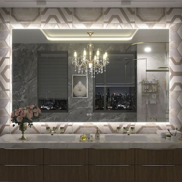 66 in. W x 40 in. H Rectangular Frameless UL Certified LED Backlited Anti-Fog Tempered Glass Wall Bathroom Vanity Mirror