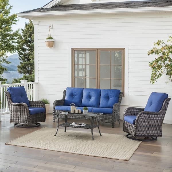 4-Piece Gray Wicker Patio Conversation Set with Olefin Blue Cushions and Swivel Glider Chairs/Sofa