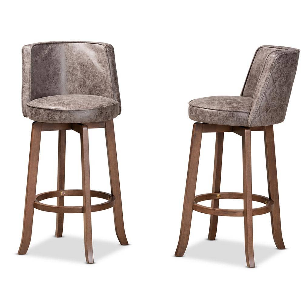 Adams Walnut Brown Swivel Bar Stools with Grey Upholstery, Set of 2