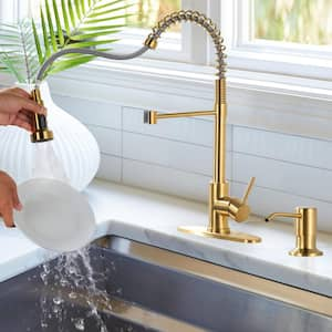 Single Handle Pull Down Sprayer Kitchen Faucet with Soap Dispenser, Pull Out Spray Wand in Gold