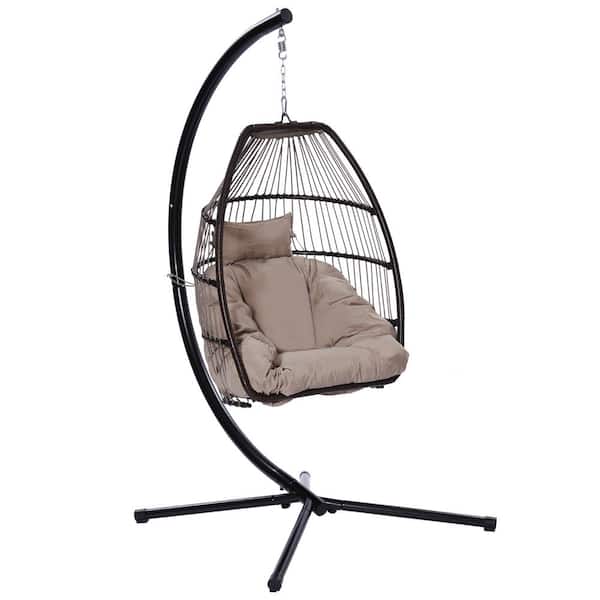 Boosicavelly 34 in .W 2-Person Brown Rattan Patio Swing with Beige Cushion and Pillow