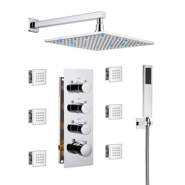 Unbranded Luxury LED Thermostatic 3-Spray Patterns 12 in. Wall Mount Rain Dual Shower Heads with 6-Jet in Chrome
