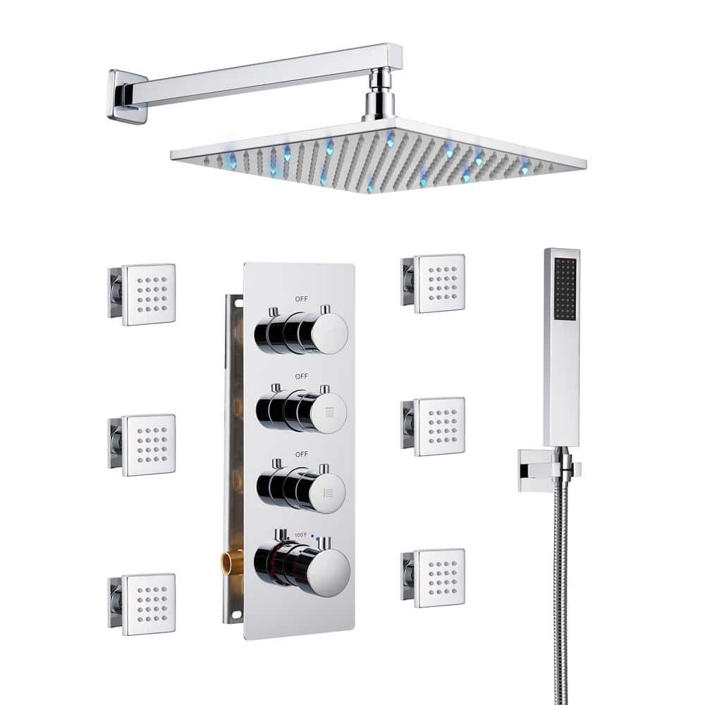 12 Inch Chrome LED Wall Mounted Rain Shower System with Handheld and Body Jets