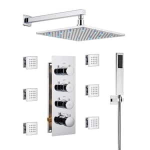 Luxury LED Thermostatic 3-Spray Patterns 12 in. Wall Mount Rain Dual Shower Heads with 6-Jet in Chrome
