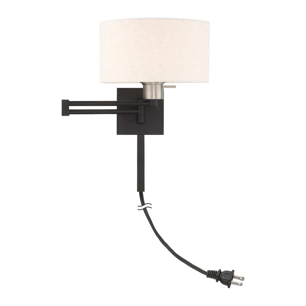 Black Steel Swing Arm Wall Lamp with Oatmeal Fabric Shade