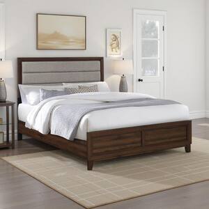 Yels Walnut Brown and Taupe Wood Frame Queen Platform Bed with Tufted Upholstered Headboard