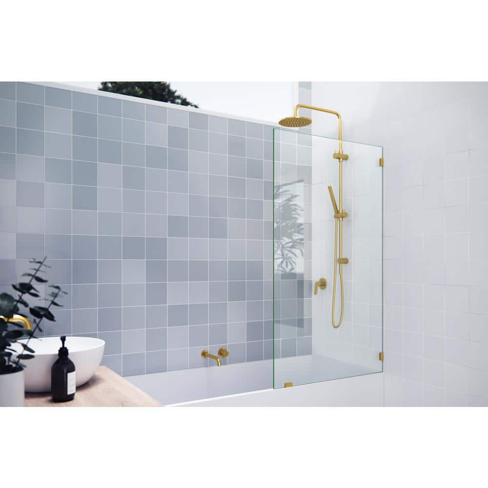 Satin Brass Frameless Fixed Panel Bathtub Door, 34" x 58.25"