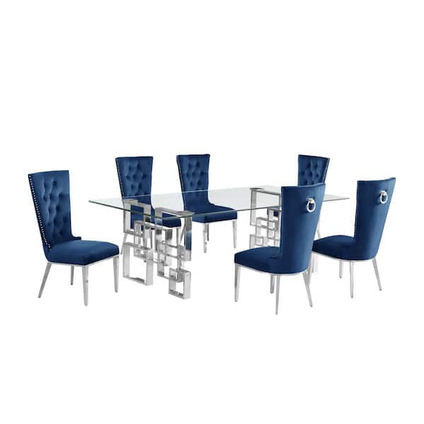 Best Quality Furniture Dominga 7-Piece Rectangular Glass Top Stainless Steel Base Dining Set Seat Capacity 6 Navy Blue Velvet Fabric