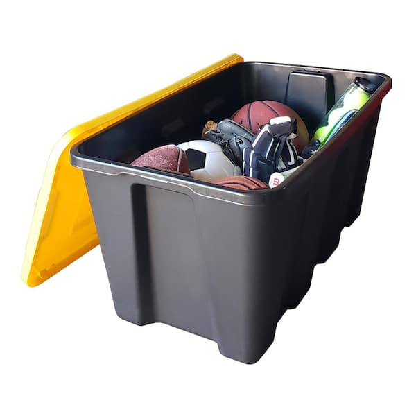 Homz 34-gallon Durabilt Plastic Stackable Home Office Garage Storage  Organization Container Bin W/lid And Handles, Black/yellow (4 Pack) : Target
