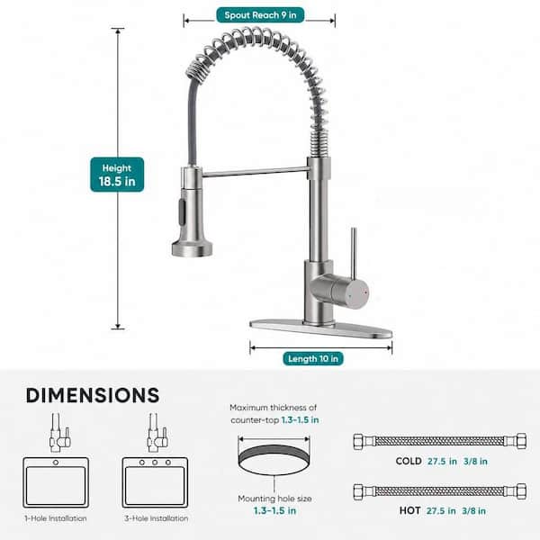18.5 in. H x 10 in. W x 9 in. D Brushed Nickel Stainless Steel Kitchen Faucet, Sink Faucet with Pull Down Sprayer