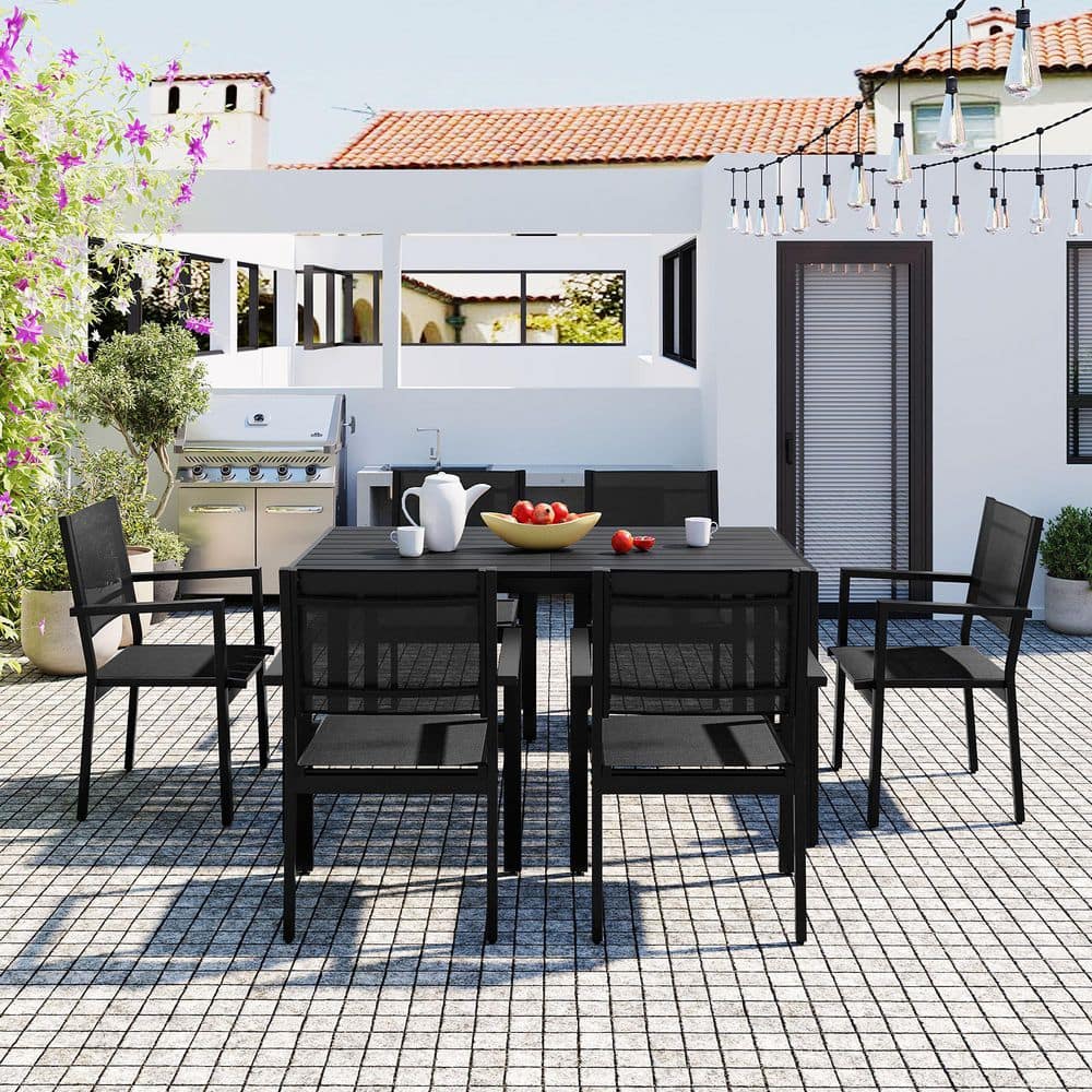 7-Piece Black Metal Outdoor Dining Set and a Table for Patio