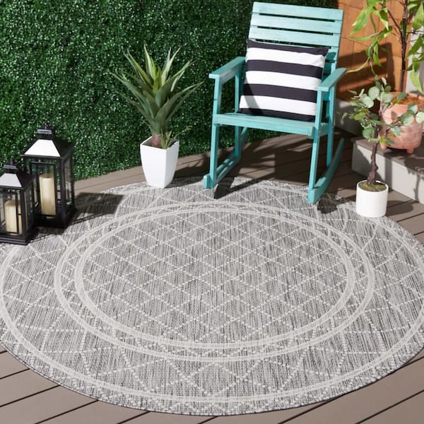 Courtyard Light Gray/Dark Gray 7 ft. Round Diamond Border Indoor/Outdoor Area Rug