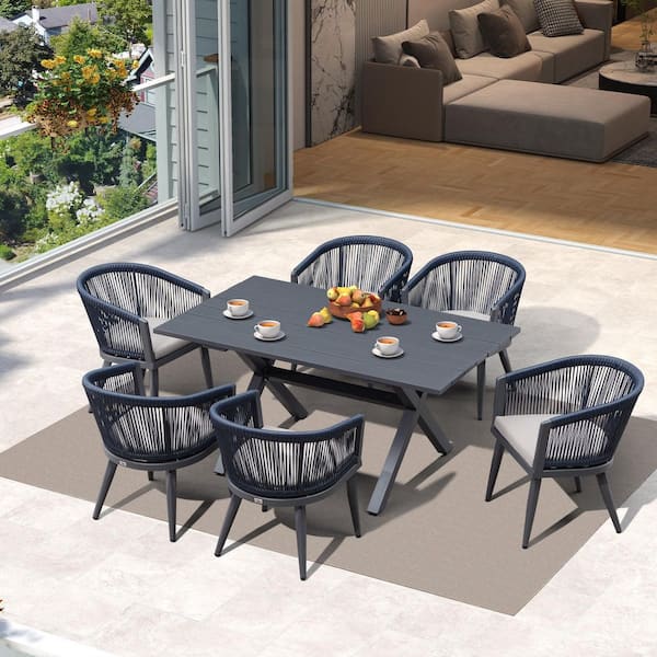 7-Piece Aluminum All-Weather Wicker Outdoor Dining Set with Cushion, Grey and Navy