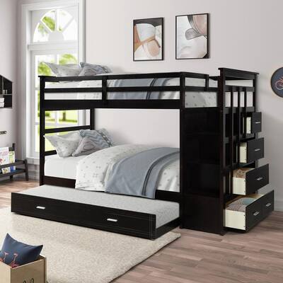 Espresso Twin Over Twin Solid Wood Bunk Bed, Hardwood with Trundle and Staircase