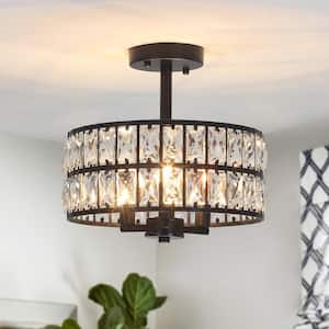 12.59 in. Koyal 3-Light Round Black Drum Chandelier Semi Flush Mount Ceiling Light with Clear Crystal Glass Drum Shade