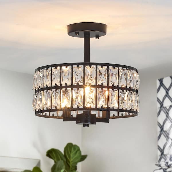 LWYTJO 12.59 in. Koyal 3-Light Round Black Drum Chandelier Semi Flush Mount Ceiling Light with Clear Crystal Glass Drum Shade