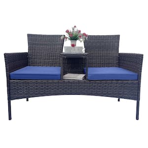 Brown Wicker Outdoor Loveseat, Patio Conversation Set with Blue Removable Cushions and Table for Garden Lawn Backyard