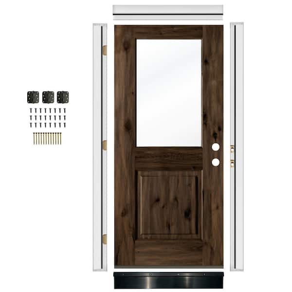 36 in. x 80 in. Modern Farmhouse Left-Handed Half Lite Clear Glass Black Stain Knotty Alder Wood Front Door w/ Jamb Kit