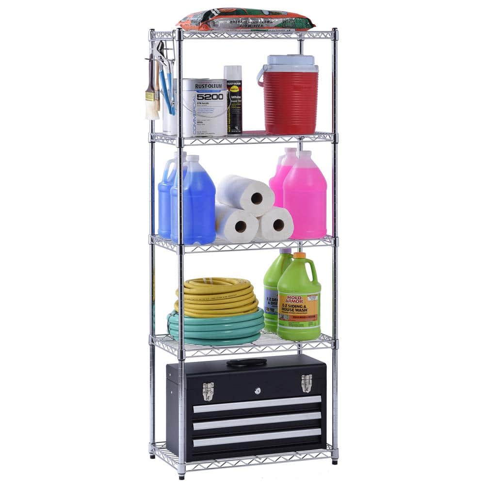 Adjustable Chrome 5-Tier Wire Shelving Unit for Kitchen and Garage