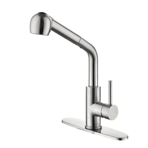 Logmey Single Handle Standard Kitchen Faucet in Brushed Nickel with Deck Plate and Pull Out Sprayer
