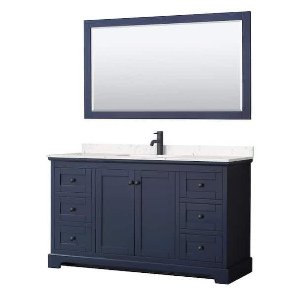 Wyndham Collection Avery 60 in. W x 22 in. D x 35 in. H Single Bath Vanity in Dark Blue with Carrara Cultured Marble Top and 58 in. Mirror