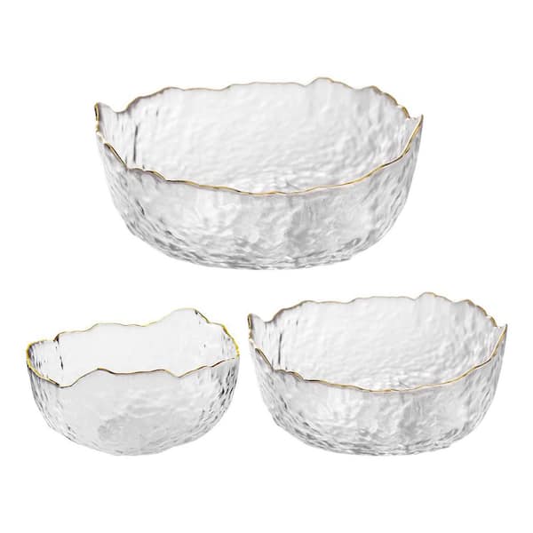 Phnom Penh 3-Piece Glass Mixing Bowl Set with Irregular Gold Rim and Hammered Texture