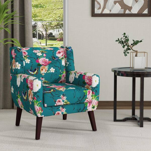 Uixe Blue And Floral Pattern Linen Upholstery Arm Chair (Set of 1