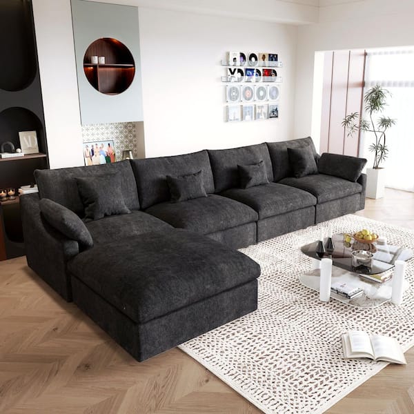 156 in. Square Arm 5-Piece Linen Upholstered Cloud Modular Sectional Sofa 4-Seater w/ Ottoman, Washable Covers in Black