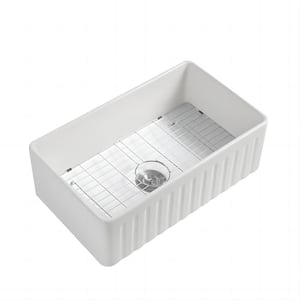 Fireclay 33 in. Farmhouse Single Bowl Kitchen Sink with Grid and Strainer