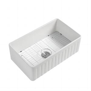 33 Inch Farmhouse Kitchen Sink – White Fireclay Apron Sink With Bottom Grid & Drain