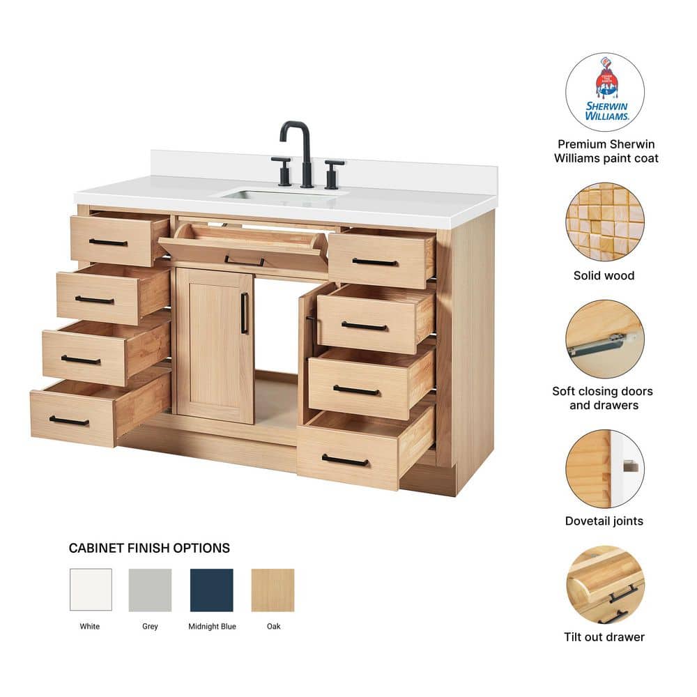 Hepburn 55" Oak Freestanding Single Sink Vanity with Quartz Top