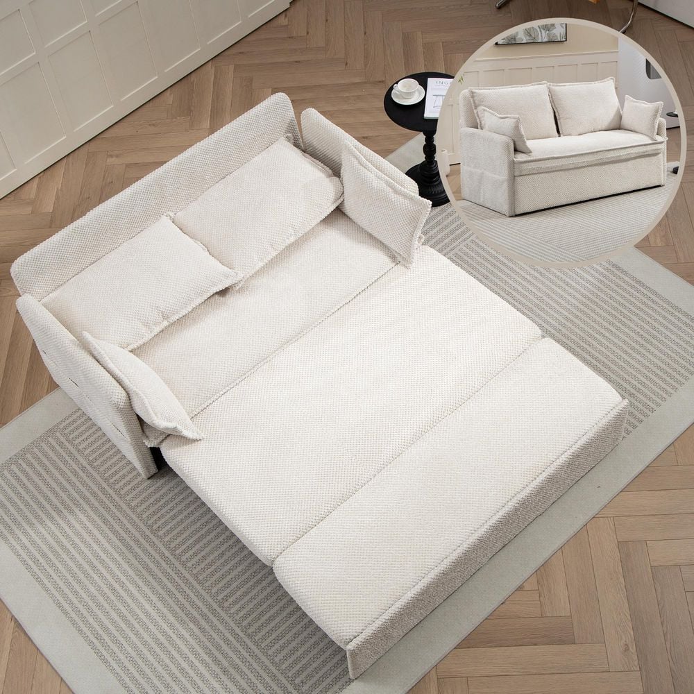 White 59.5 in. Corduroy Convertible Sleeper Sofa Bed Couch with Side Storag