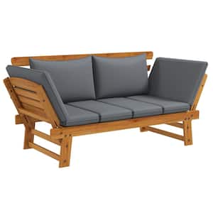 29.5 in. 2-Person Pine Wood Outdoor Bench with Gray Cushion, Adjustable Armrests