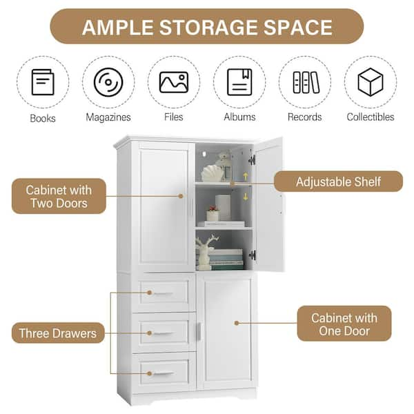 Classic White Tall and Wide Storage Cabinet with Doors, Three